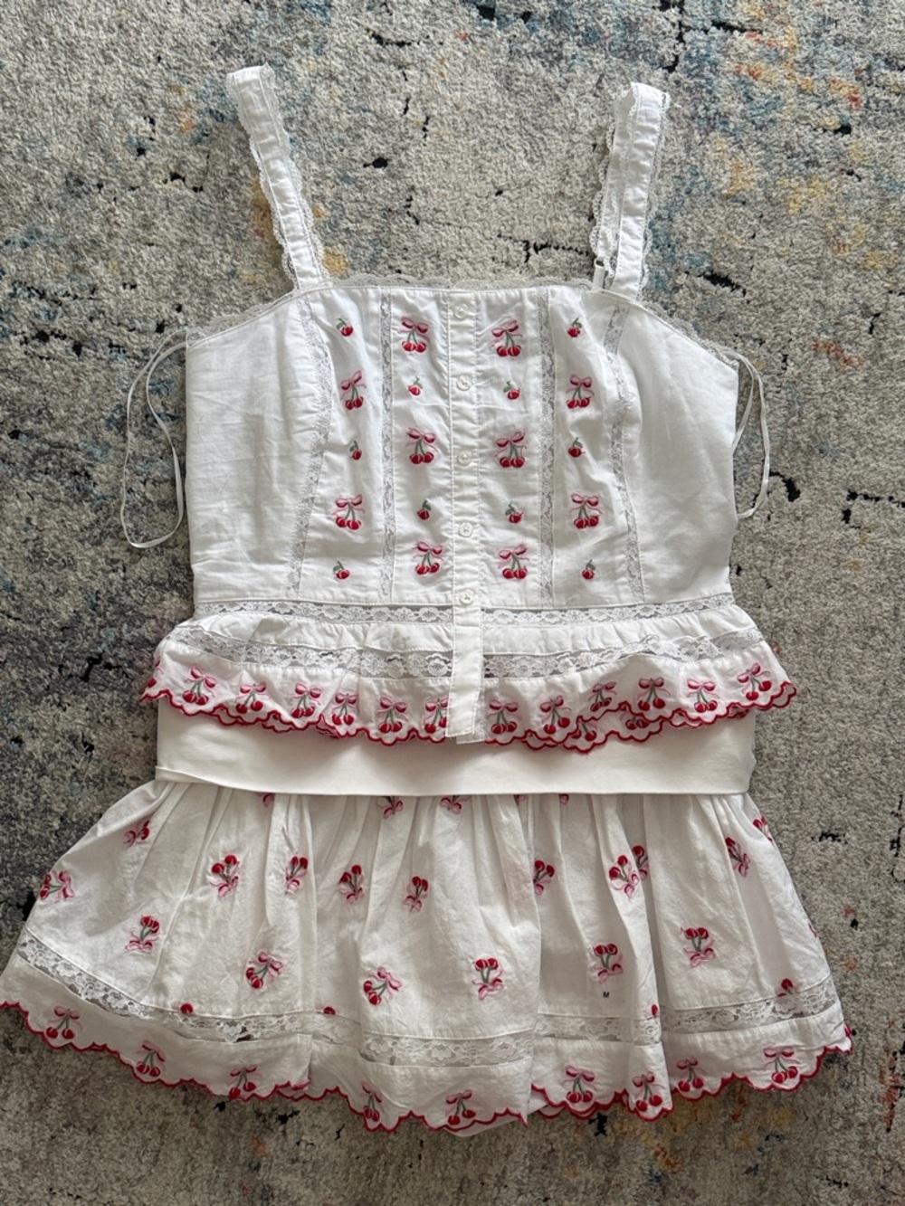 2 piece scalloped Lace Tank & Skiort Set - Pink & Red Embroidery-Cottagegore